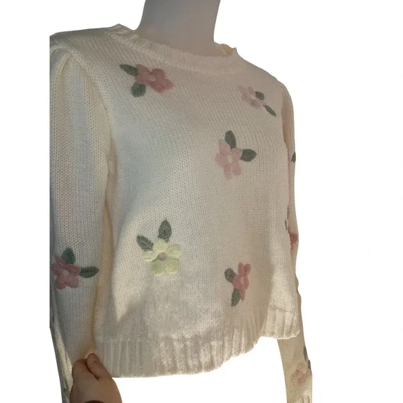 jessica simpson cottage pink purple yellow floral embroidery long sleeve Sweater - Picture 9 of 11